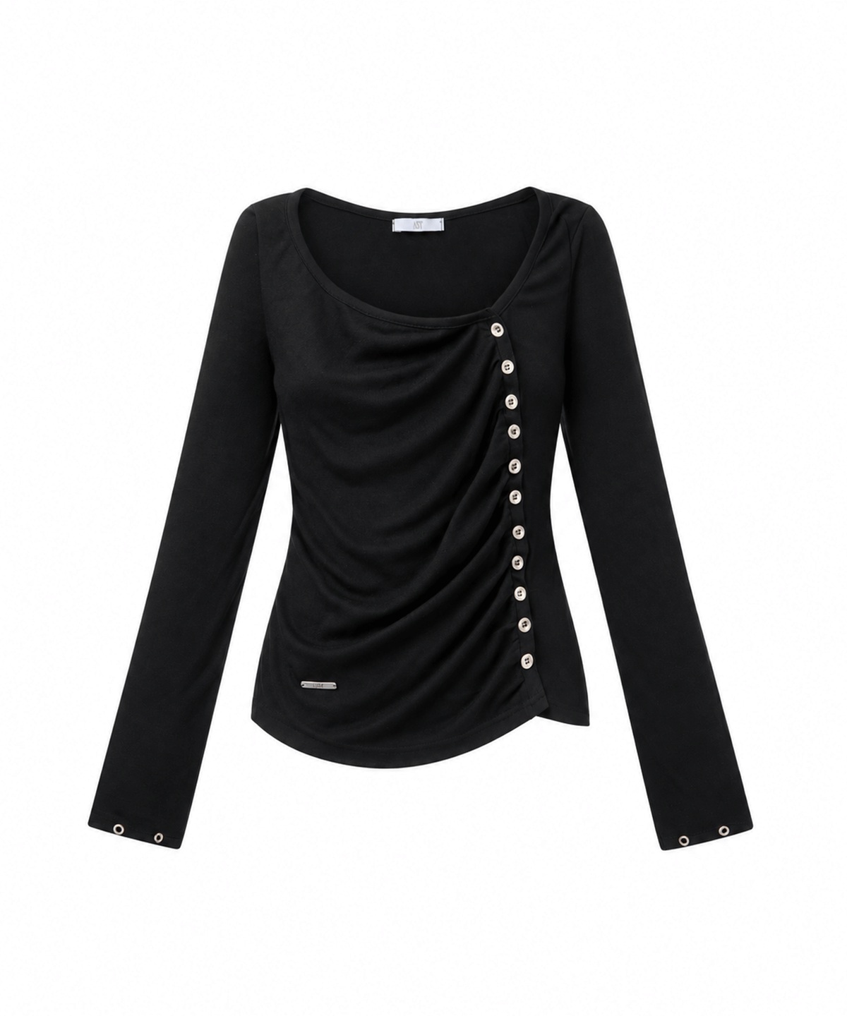 어니브(ANIV) RUCHED BUTTON CARDIGAN BLACK
