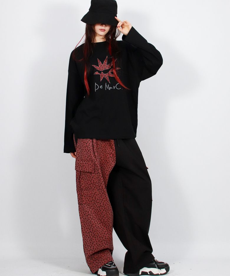 Asymmetrical leopard Cargo Wide track pants - Burgundy & Black