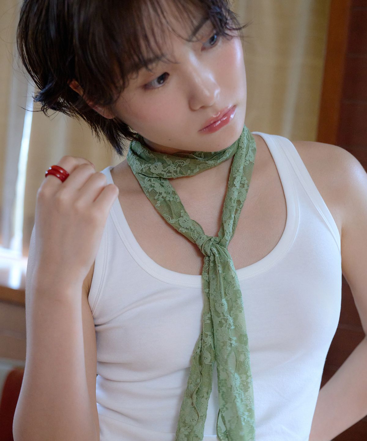 지지(GEEGEE) flower lace long scarf - green