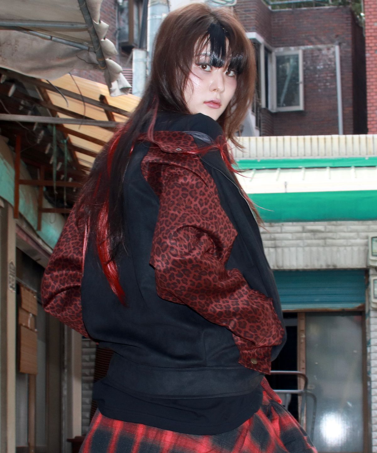 드마크(DEMARC) Leopard synthetic leather rider blouson jacket -  Burgundy & Black
