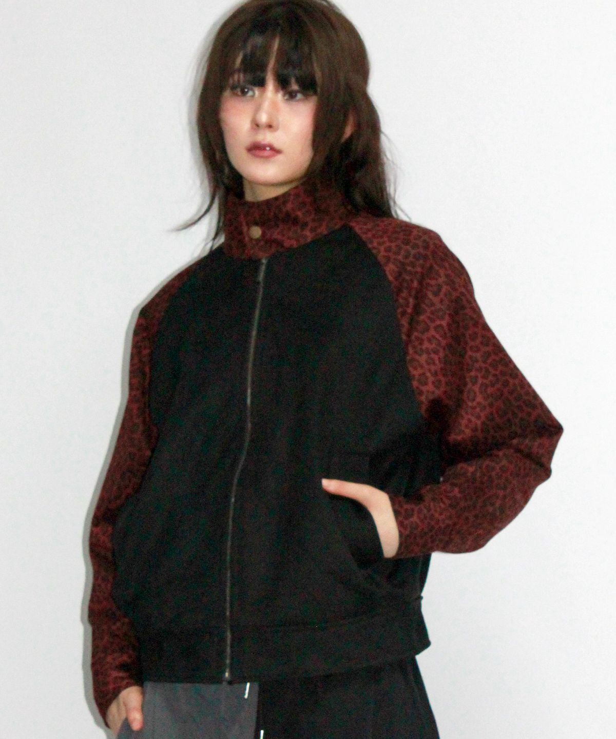 드마크(DEMARC) Leopard synthetic leather rider blouson jacket -  Burgundy & Black