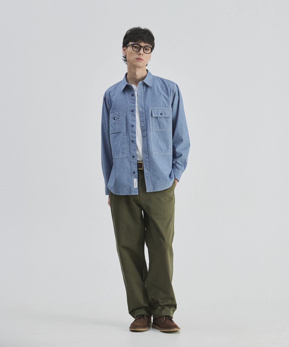 건지 울른스(Guernsey Woollens) 샴브레이 워크 셔츠 5.5oz - 퓨어 블루