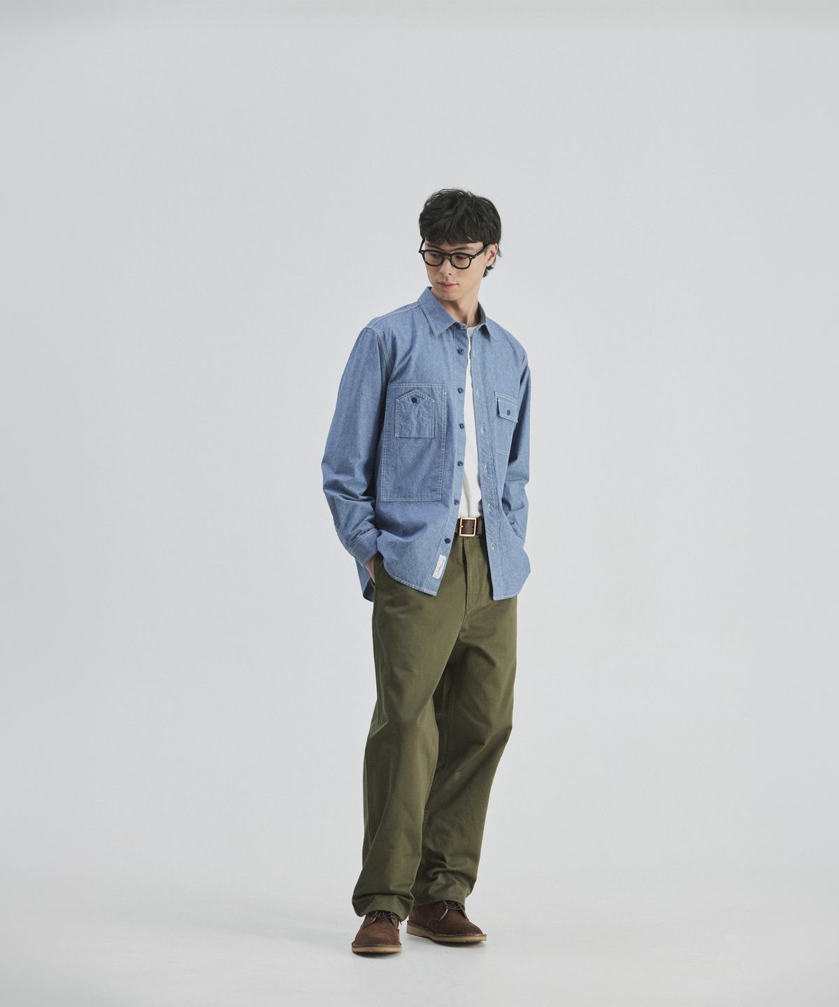 건지 울른스(Guernsey Woollens) 샴브레이 워크 셔츠 5.5oz - 퓨어 블루