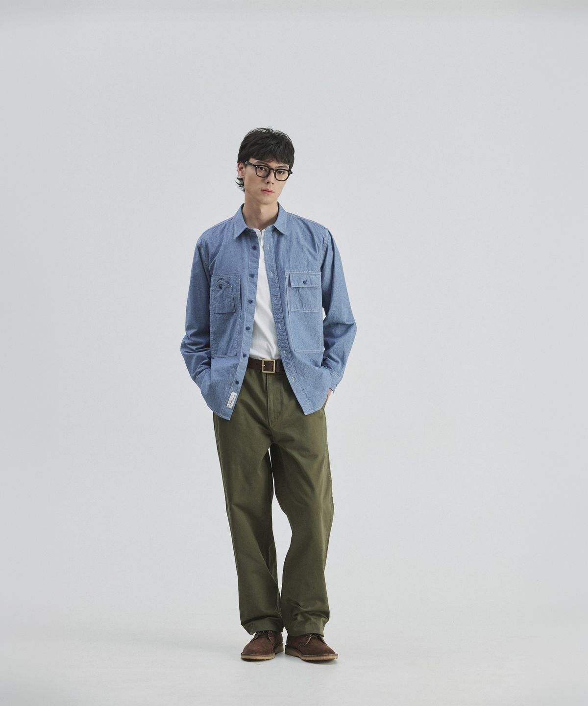건지 울른스(Guernsey Woollens) 샴브레이 워크 셔츠 5.5oz - 퓨어 블루
