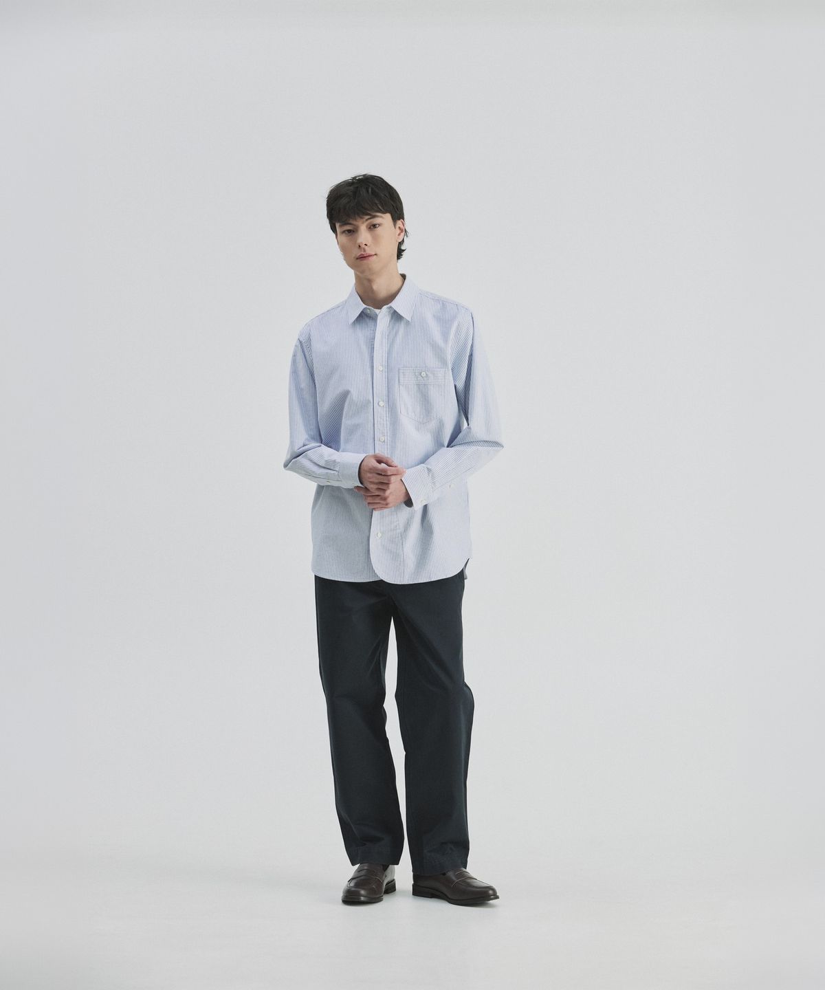 건지 울른스(Guernsey Woollens) 옥스포드 브리티쉬 아미 셔츠 - 블루 스트라이프