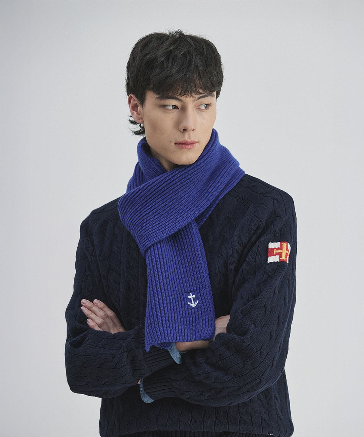 건지 울른스(Guernsey Woollens) 슈퍼파인 메리노울 앵커 머플러 - 블루