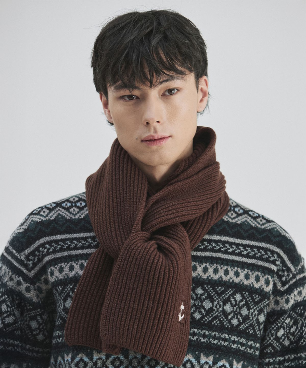 건지 울른스(Guernsey Woollens) 슈퍼파인 메리노울 앵커 머플러 - 브라운