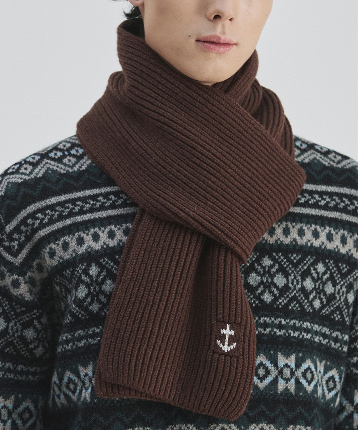 건지 울른스(Guernsey Woollens) 슈퍼파인 메리노울 앵커 머플러 - 브라운