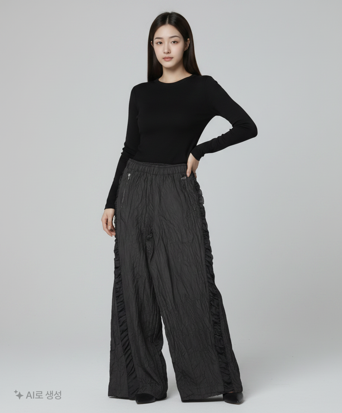 김미더영(GIMMETHEYOUNG) G_SHEER SHIRRING TEXTURE PANTS / BLACK ONESIZE