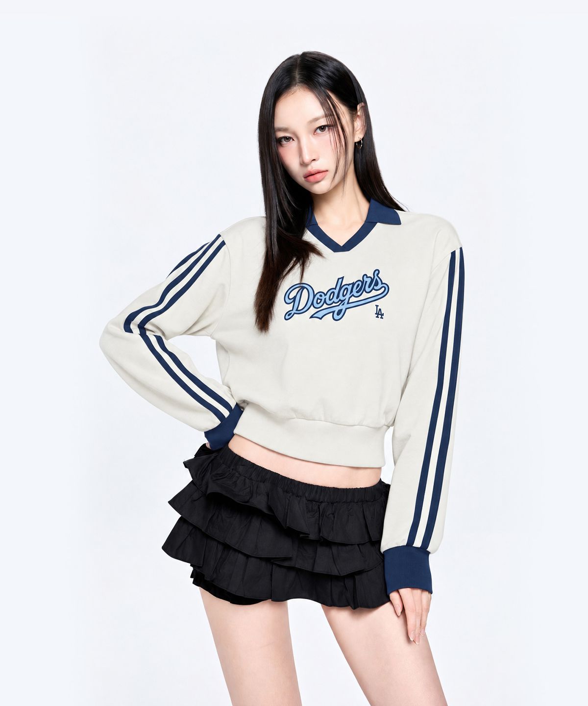 엠엘비(MLB) 여성 시그니처 바시티 레터링 오픈카라 맨투맨 LA (Cream)