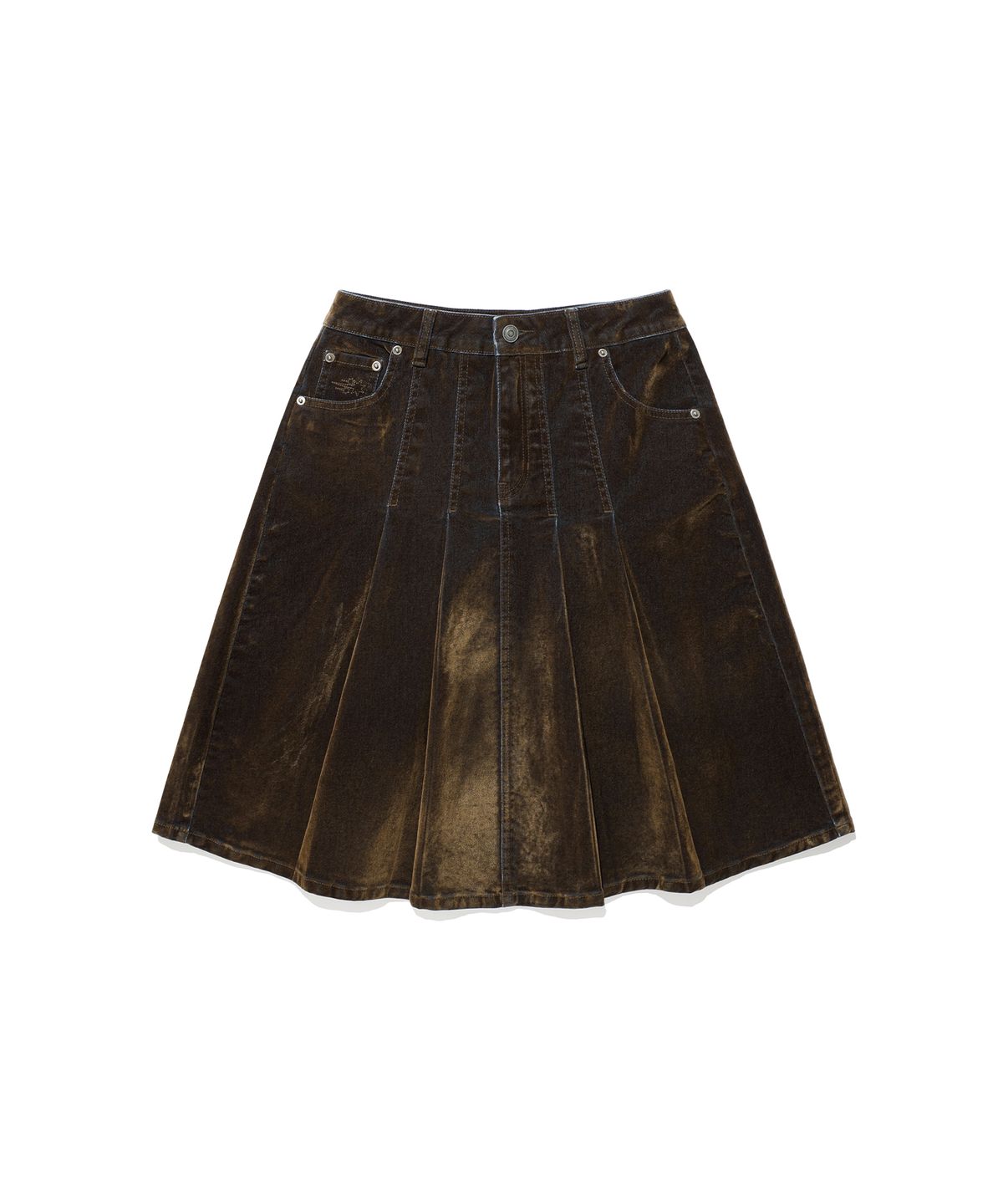 나이스고스트클럽(NICEGHOSTCLUB) VELVET DENIM PLEATS MIDI SKIRT_KHAKI(NG2GFUPA92A)