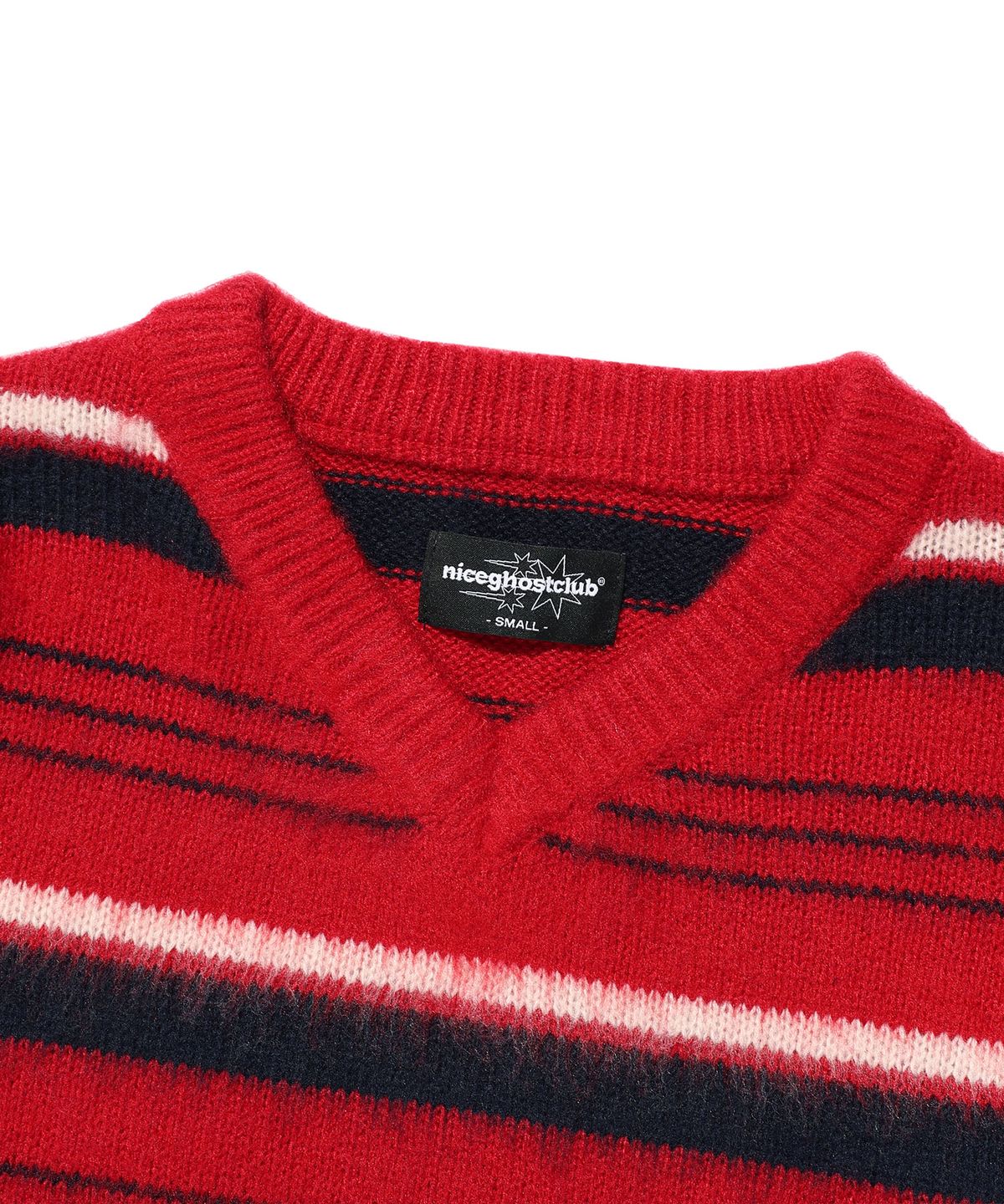 나이스고스트클럽(NICEGHOSTCLUB) V NECK STRIPE KNIT_RED(NG2GFUK602A)