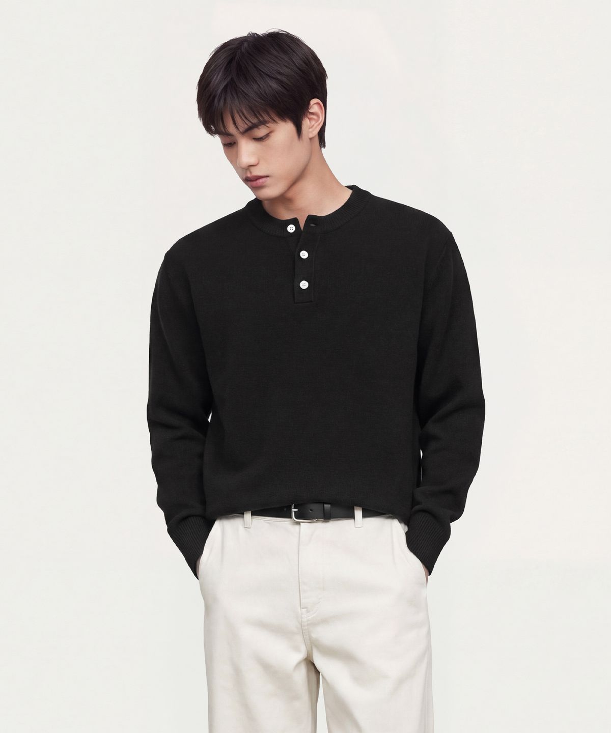 스탠드오버(STAND OVER) 데일리 헨리넥 니트 [블랙]