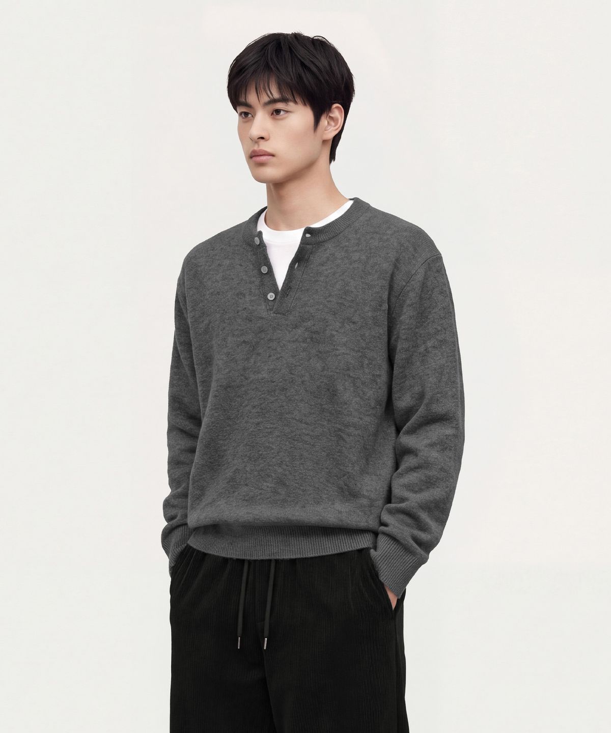 스탠드오버(STAND OVER) 데일리 헨리넥 니트 [그레이]