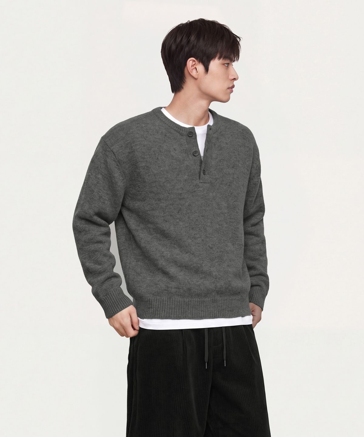 스탠드오버(STAND OVER) 데일리 헨리넥 니트 [그레이]