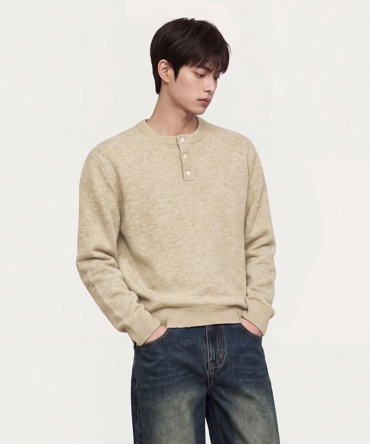 스탠드오버(STAND OVER) 데일리 헨리넥 니트 [오트밀]
