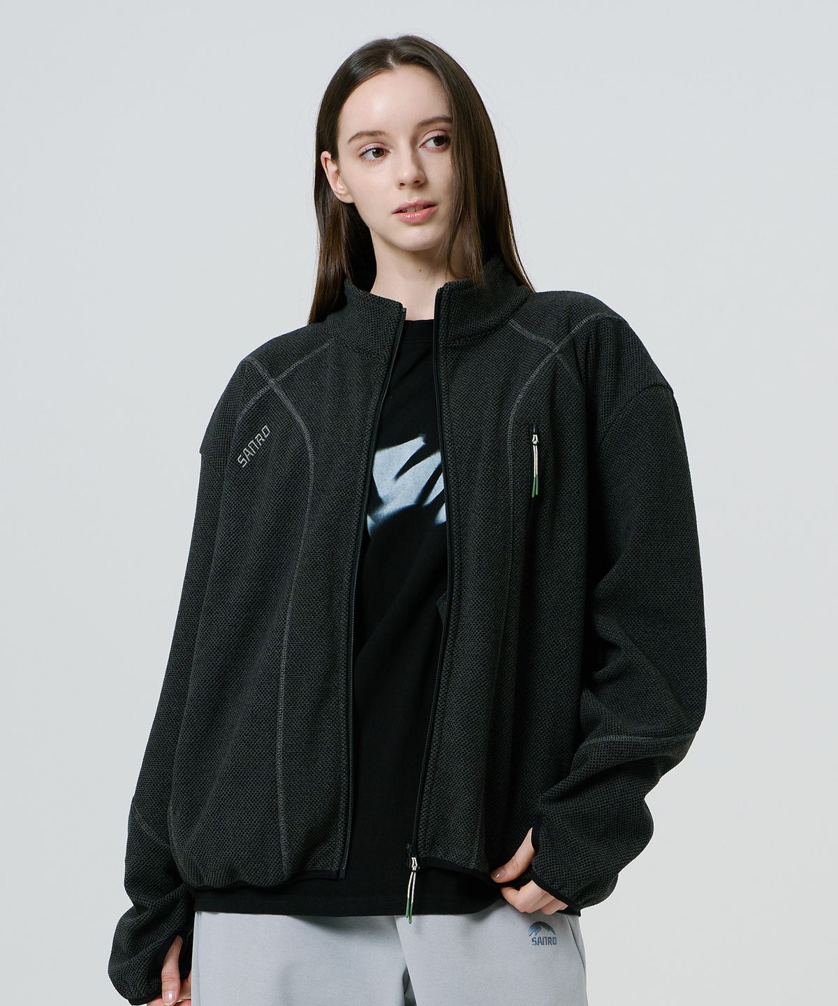 산로(SANRO) [UNISEX] 오드람프 플리스 핑거홀 자켓 - 블랙