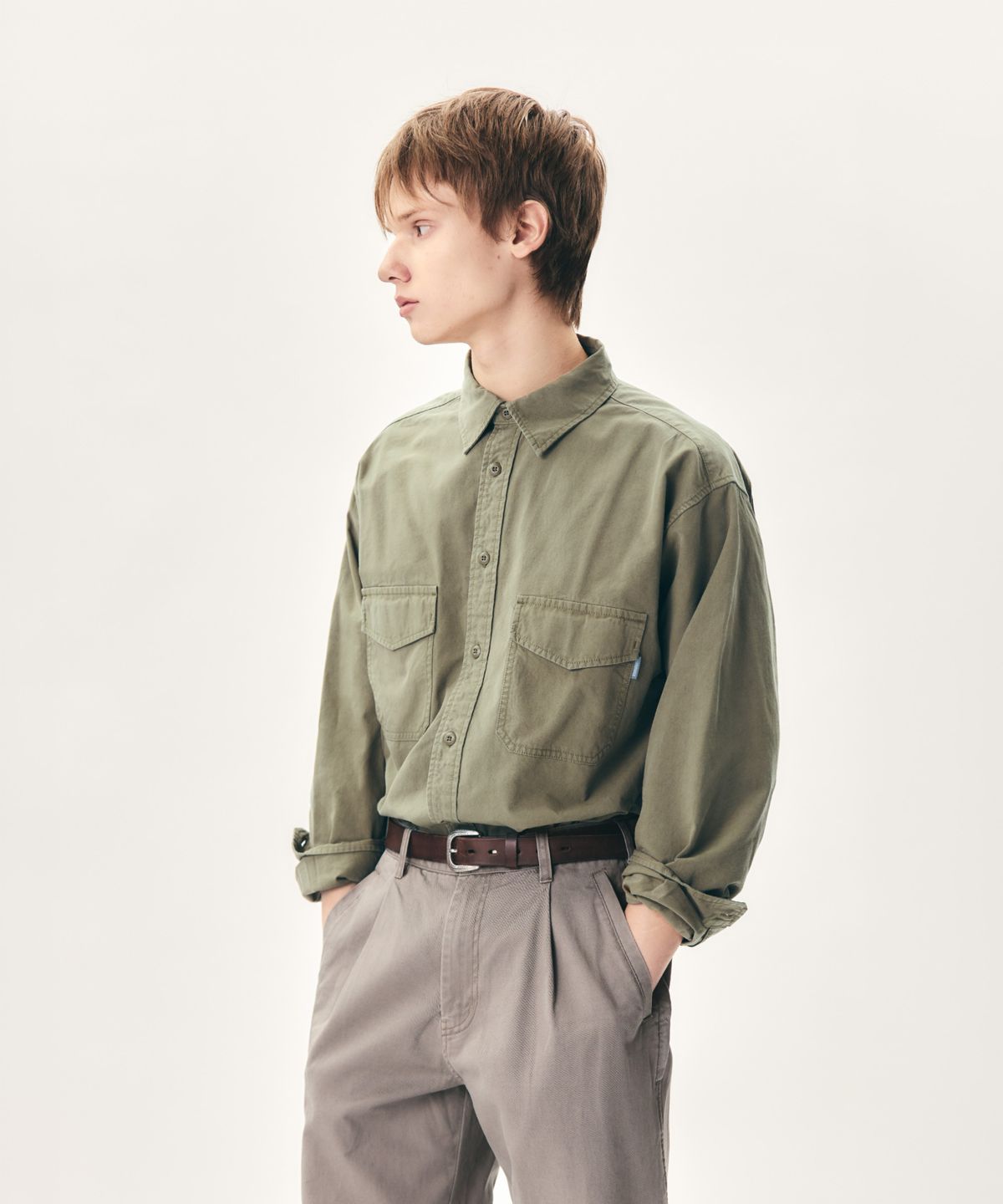 에스피오나지(ESPIONAGE) Washed 2 Pocket Shirt Olive Khaki