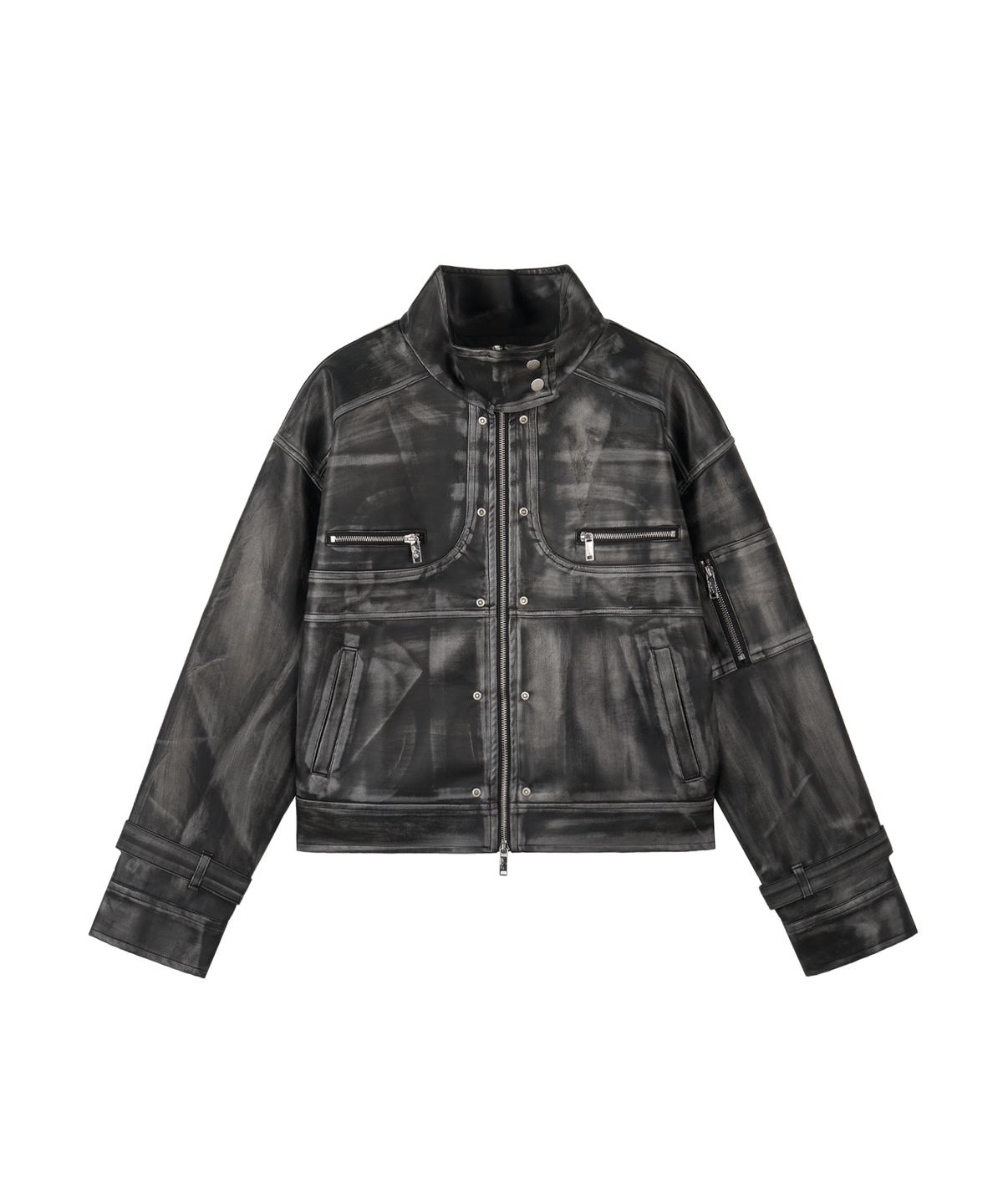 어니브(ANIV) CURVED RIVET LEATHER JACKET WASHED BLACK