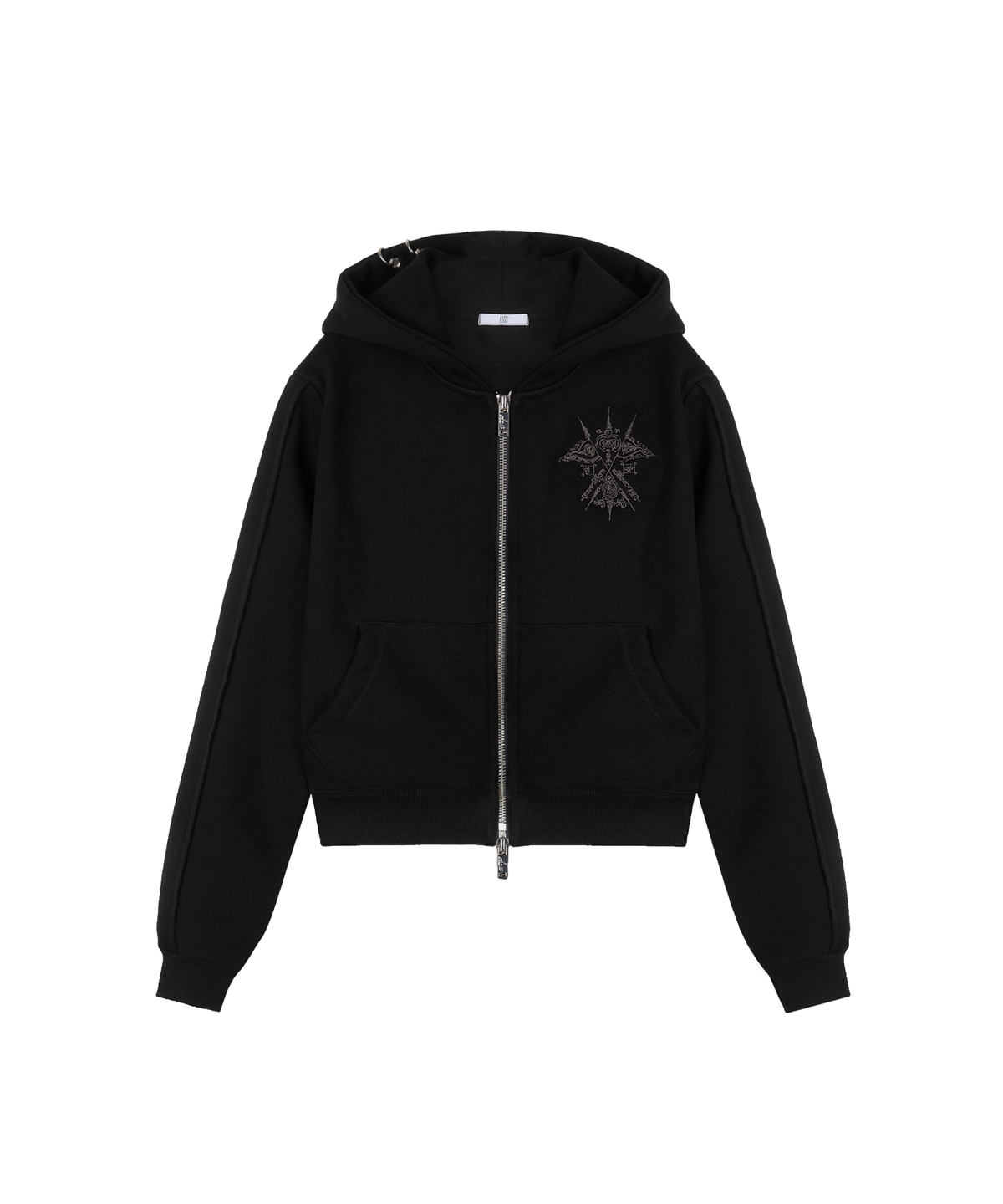 어니브(ANIV) DISTRESSED PIERCING HOOD ZIP-UP BLACK
