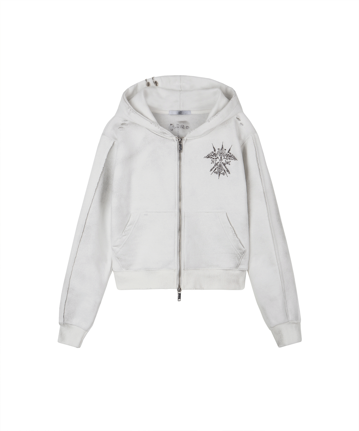 어니브(ANIV) DISTRESSED PIERCING HOOD ZIP-UP WASHED BLACK