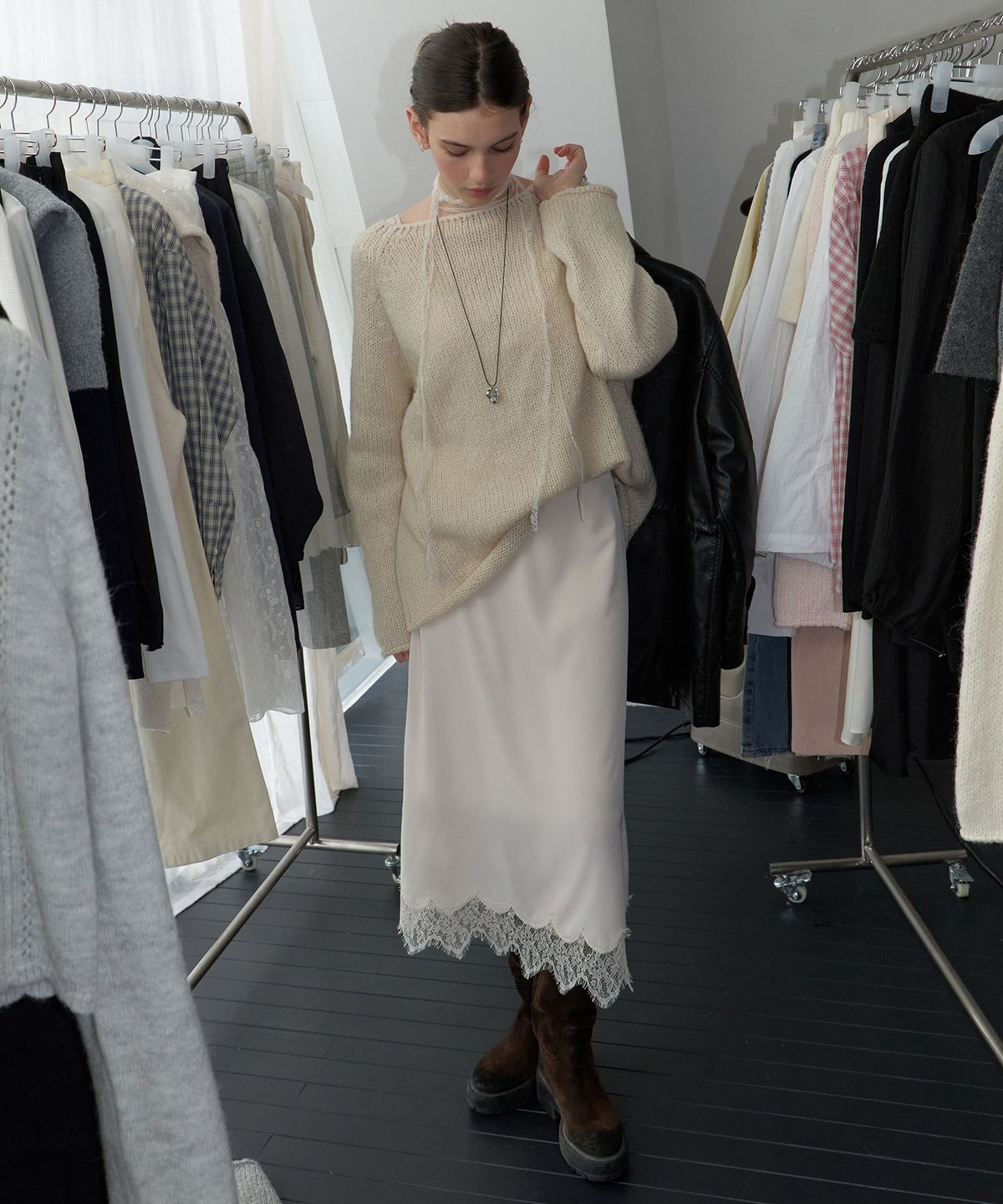 리엘(RE L) Greenery lace skirt (cream)