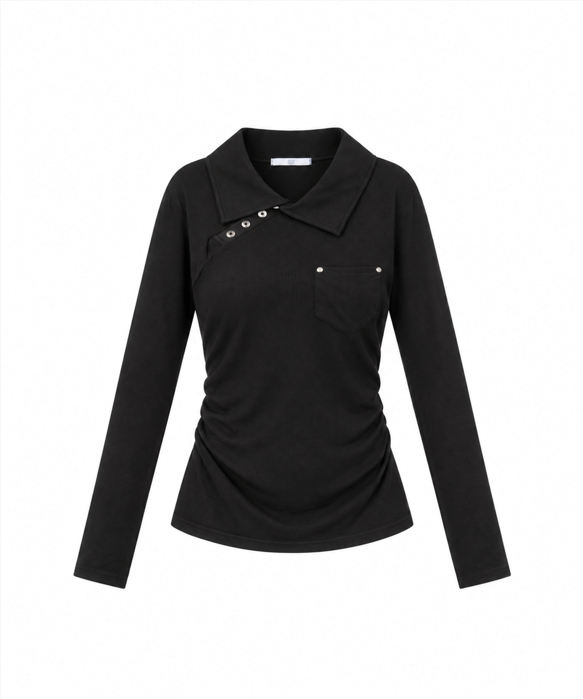 어니브(ANIV) ASYMMETRIC SHIRRING COLLAR LONG SLEEVE BLACK