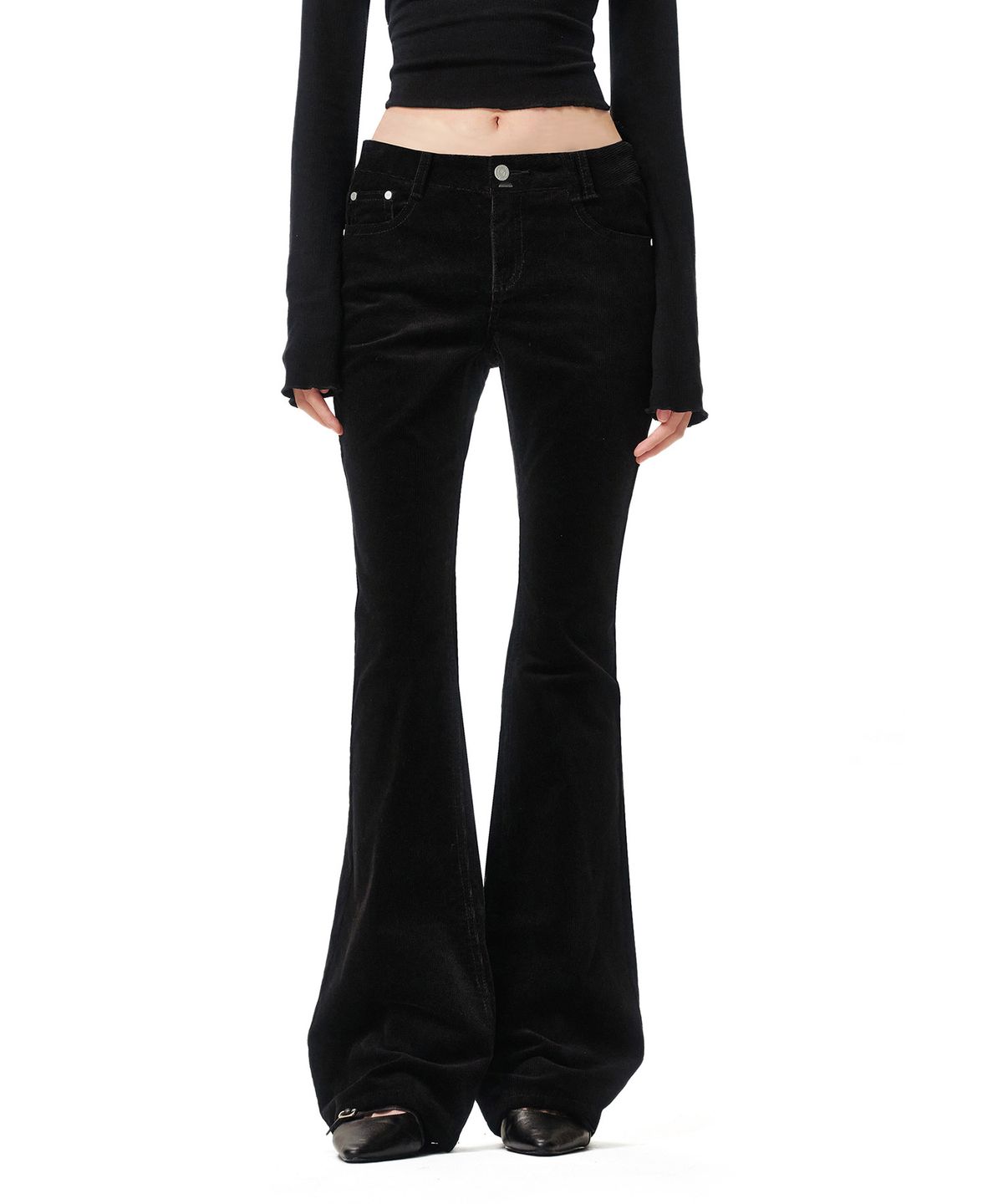 데케트 우먼(DECET WOMEN) Signature Slim Low Rise Flared Corduroy Pants DCWPT041BLACK