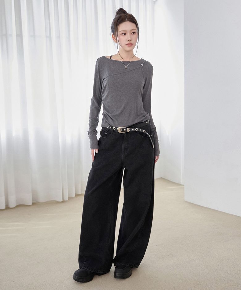 [윤비누X데케트우먼]Curved Pocket Barrel Wide Jeans DCWPT038BLACK