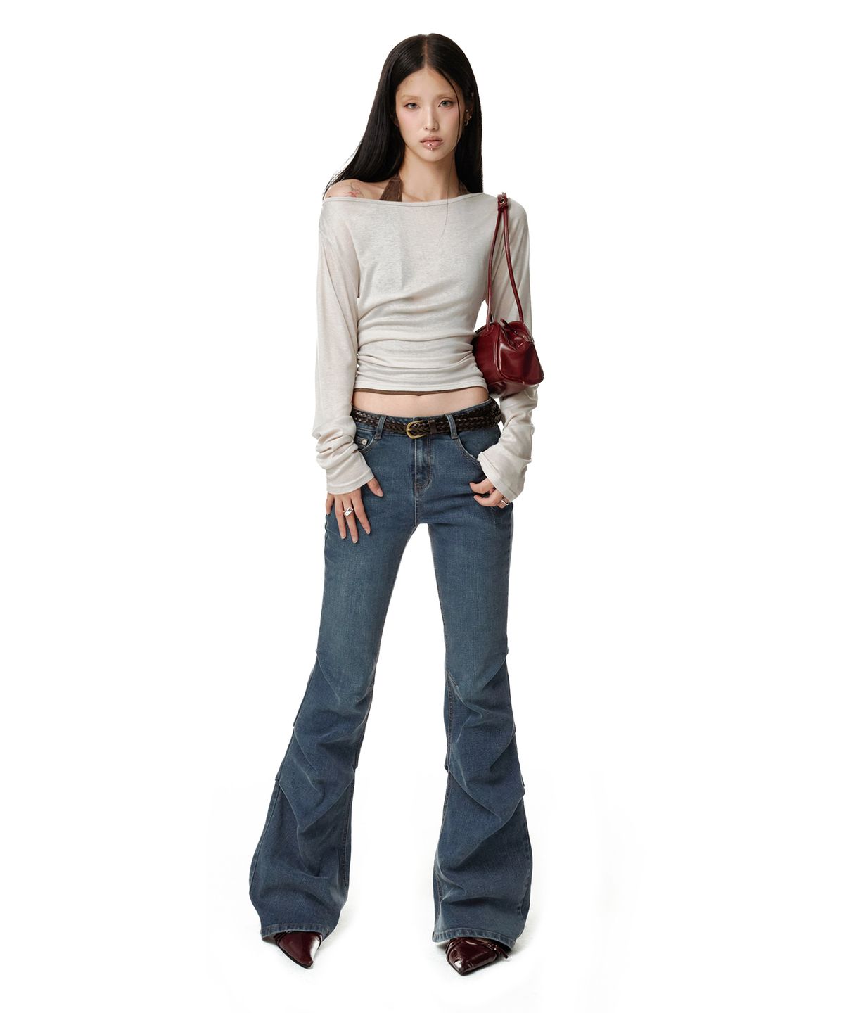 데케트 우먼(DECET WOMEN) [윤비누X데케트우먼]Scratch Flared Shirring Jeans DCWPT037BLUE