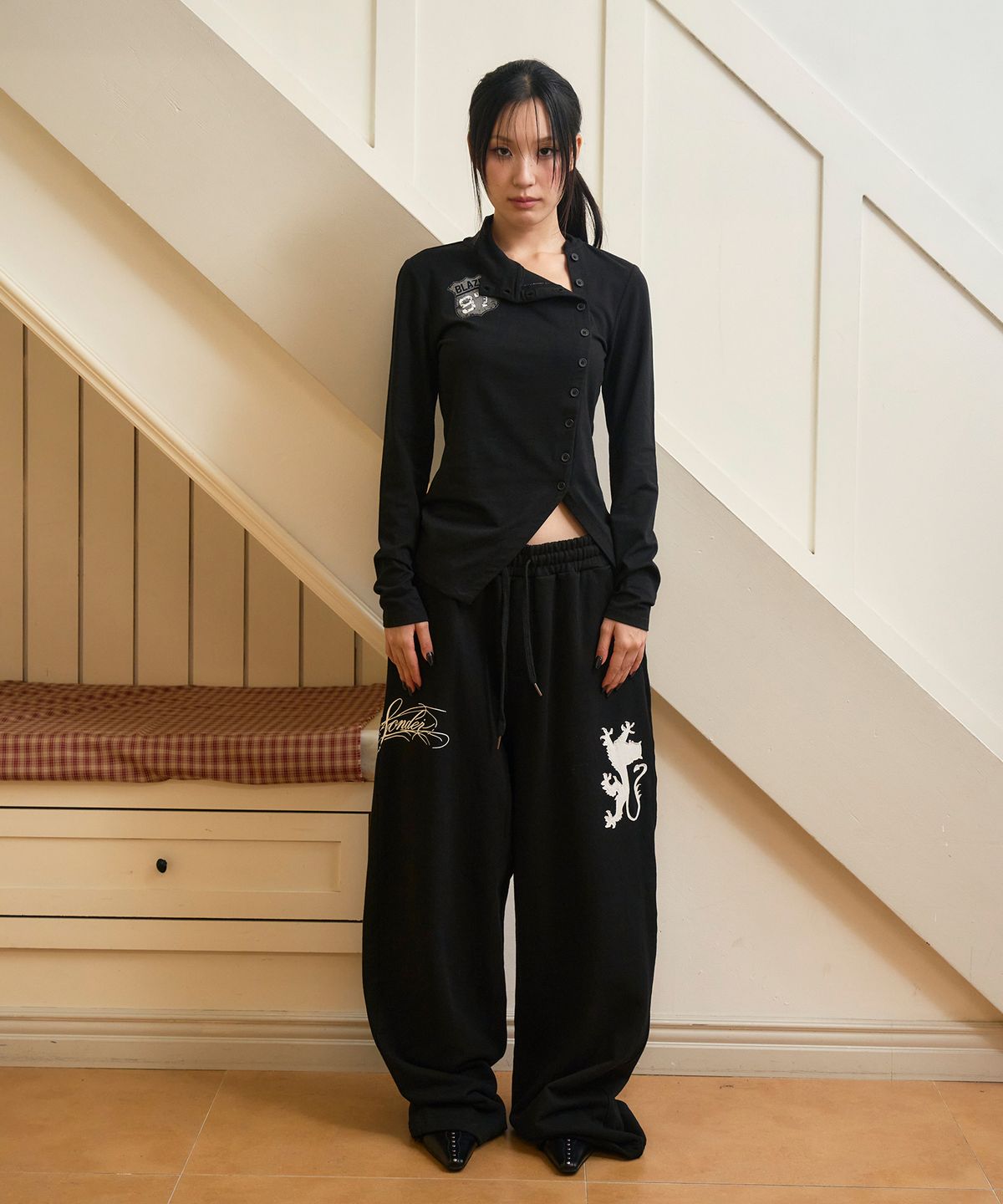 프렌다(PRENDA) BLAZE BUTTON WRAP LONG SLEEVE BLACK