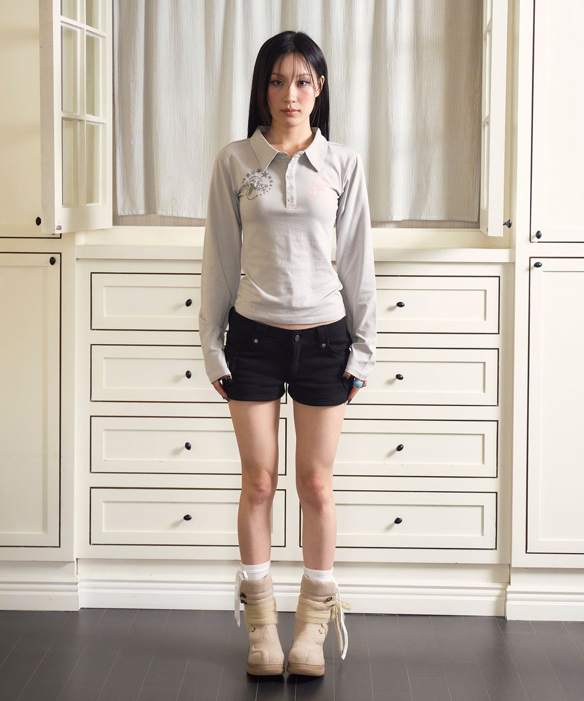 프렌다(PRENDA) LOGO EMBLEM POLO LONG SLEEVE GRAY