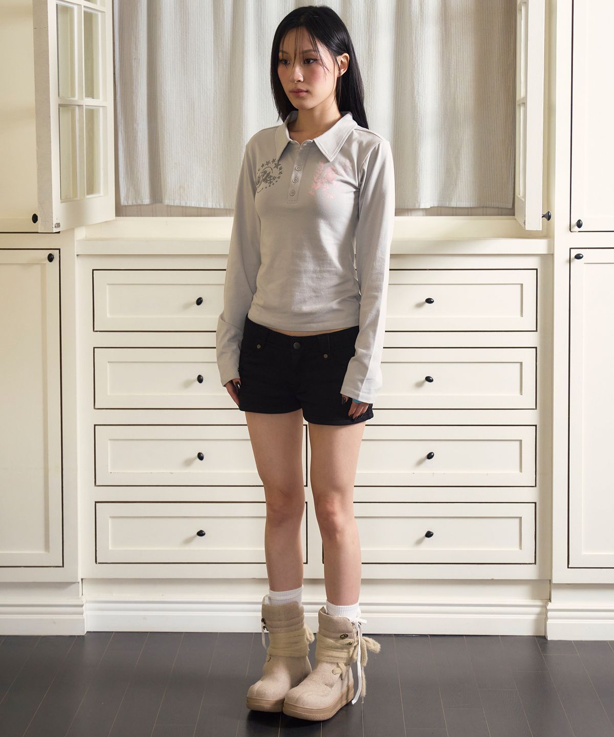 프렌다(PRENDA) LOGO EMBLEM POLO LONG SLEEVE GRAY