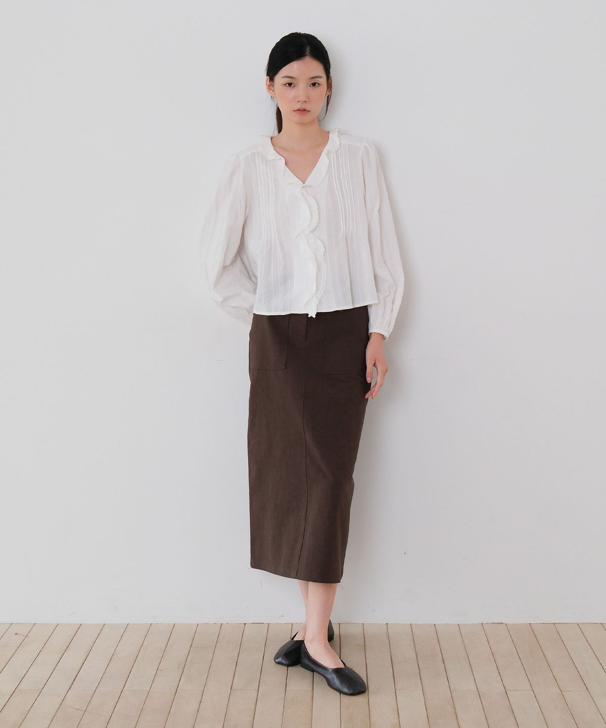 모의(MOUI) Washed cotton fatigue skirt (BROWN)
