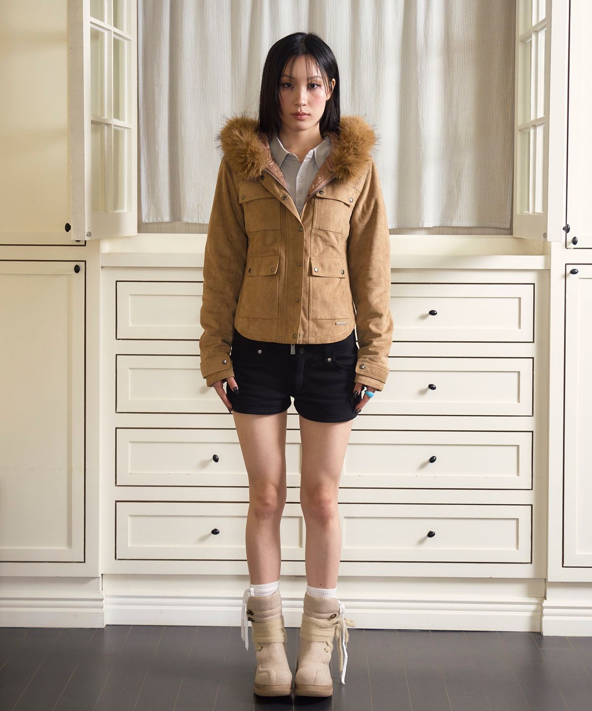 프렌다(PRENDA) SUEDE FUR HOOD CROP JACKET BROWN