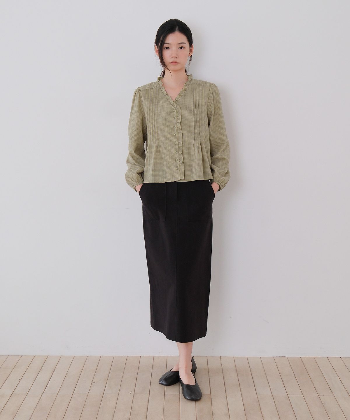 모의(MOUI) Washed cotton fatigue skirt (BLACK)