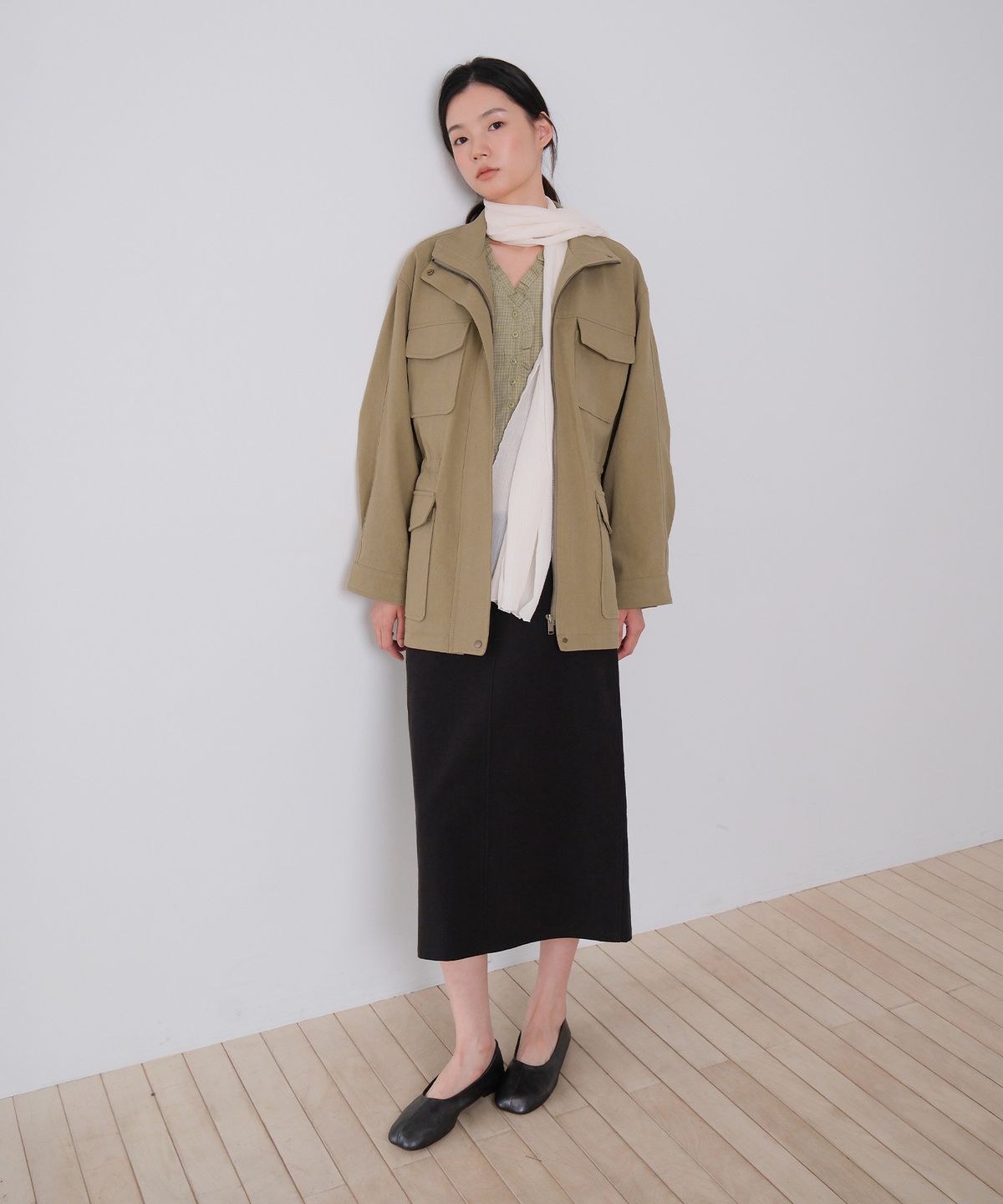 모의(MOUI) Washed cotton fatigue skirt (BLACK)