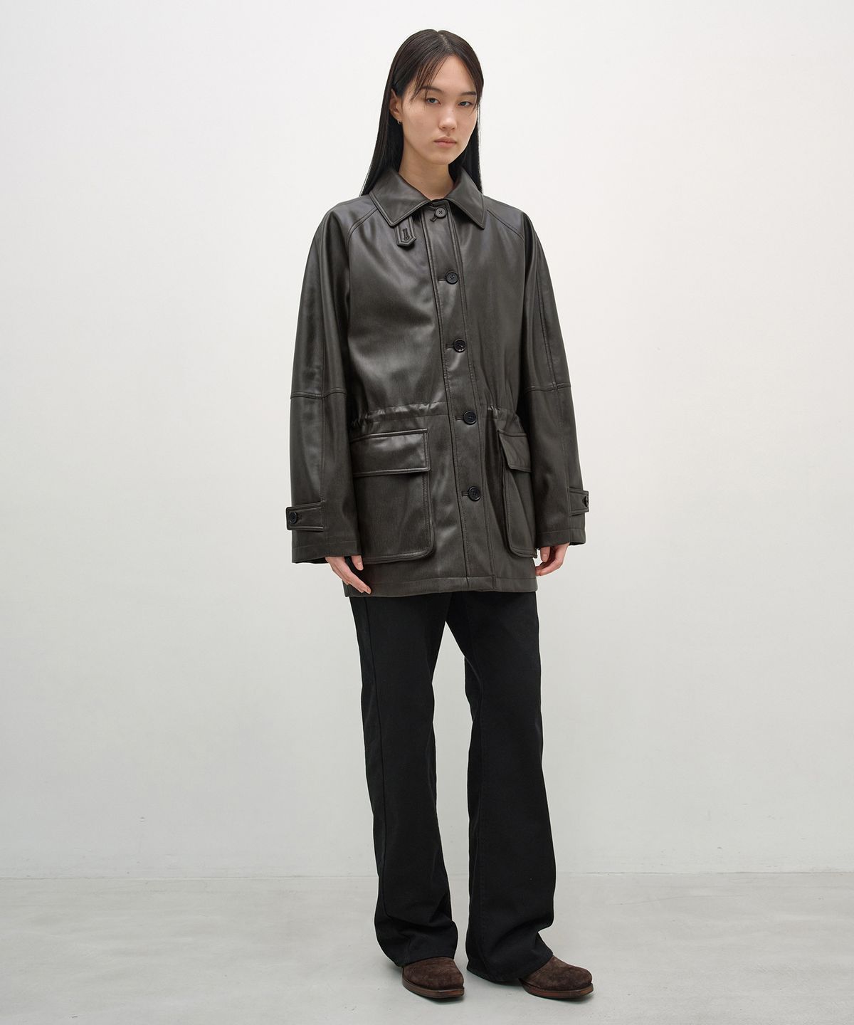 인사일런스 우먼(INSILENCE WOMEN) 빈티지 패디드 포우 레더 코트 WASHED BROWN