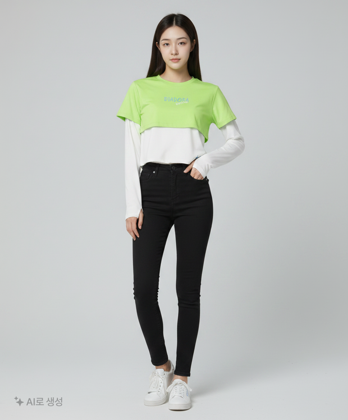 디아도라(diadora) 락앤런 크롭 레이어드 롱슬리브 LIME S