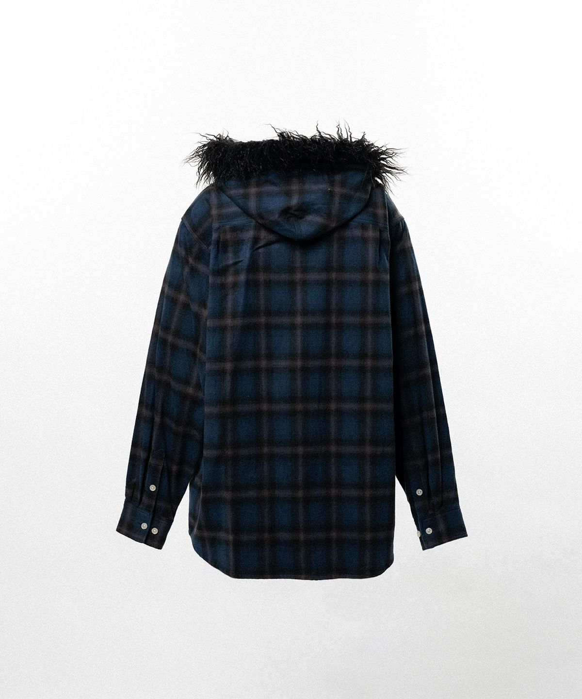 카미야(KAMIYA) Fur-Trimmed Hooded Check Shirt - NAVY