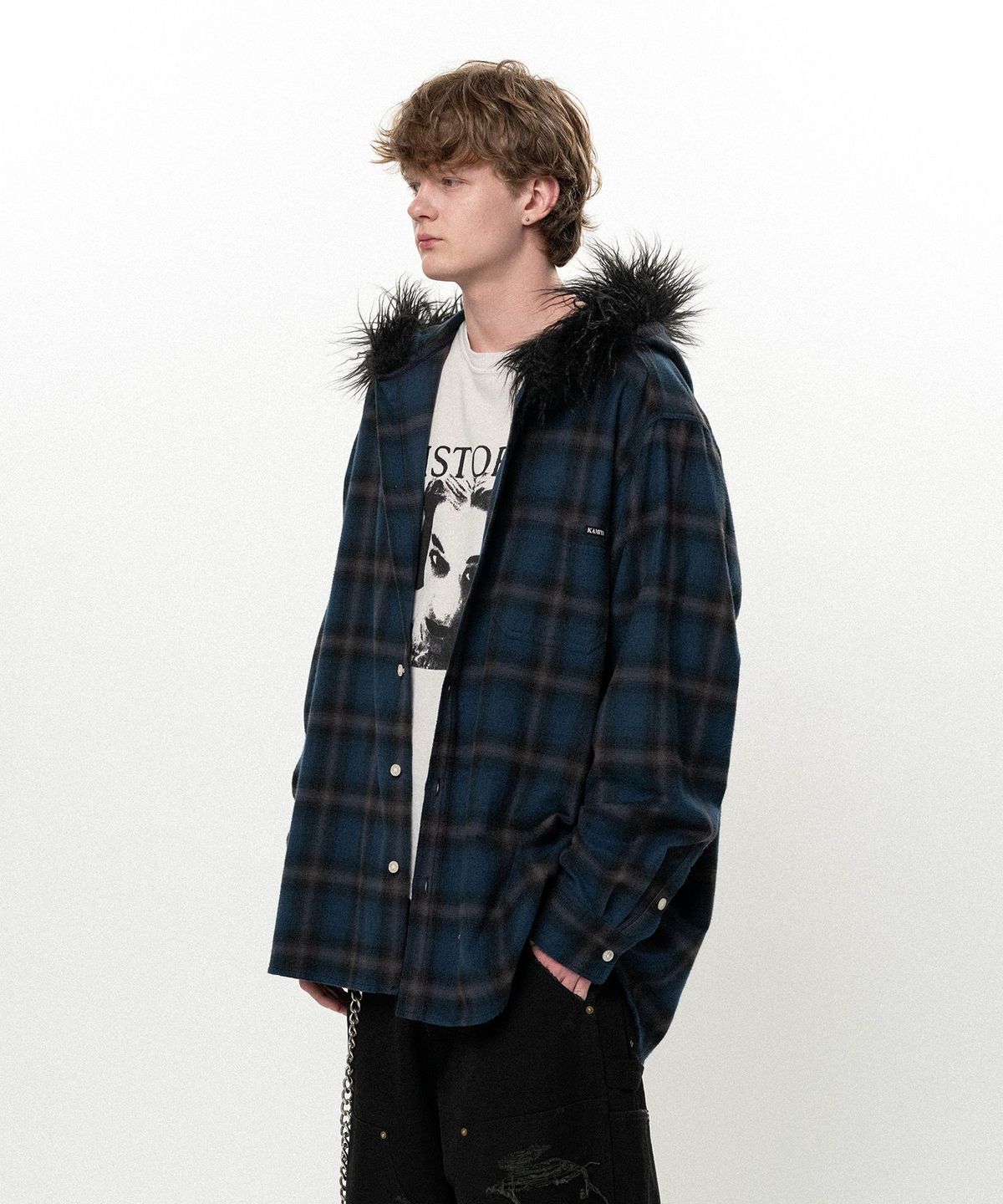 카미야(KAMIYA) Fur-Trimmed Hooded Check Shirt - NAVY