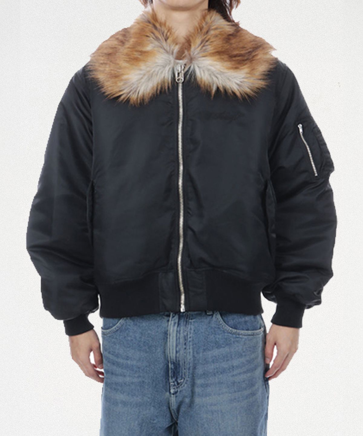 카미야(KAMIYA) Embroidered Fur Collar Flight Jacket - BLACK
