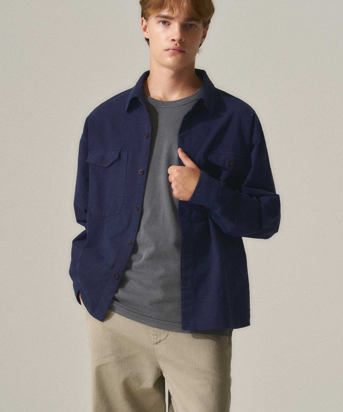 라이즈앤빌로우(RISE&BELOW) SUPIMA OXFORD FLANNEL 유틸리티 오버 셔츠 BRUSHED NAVY