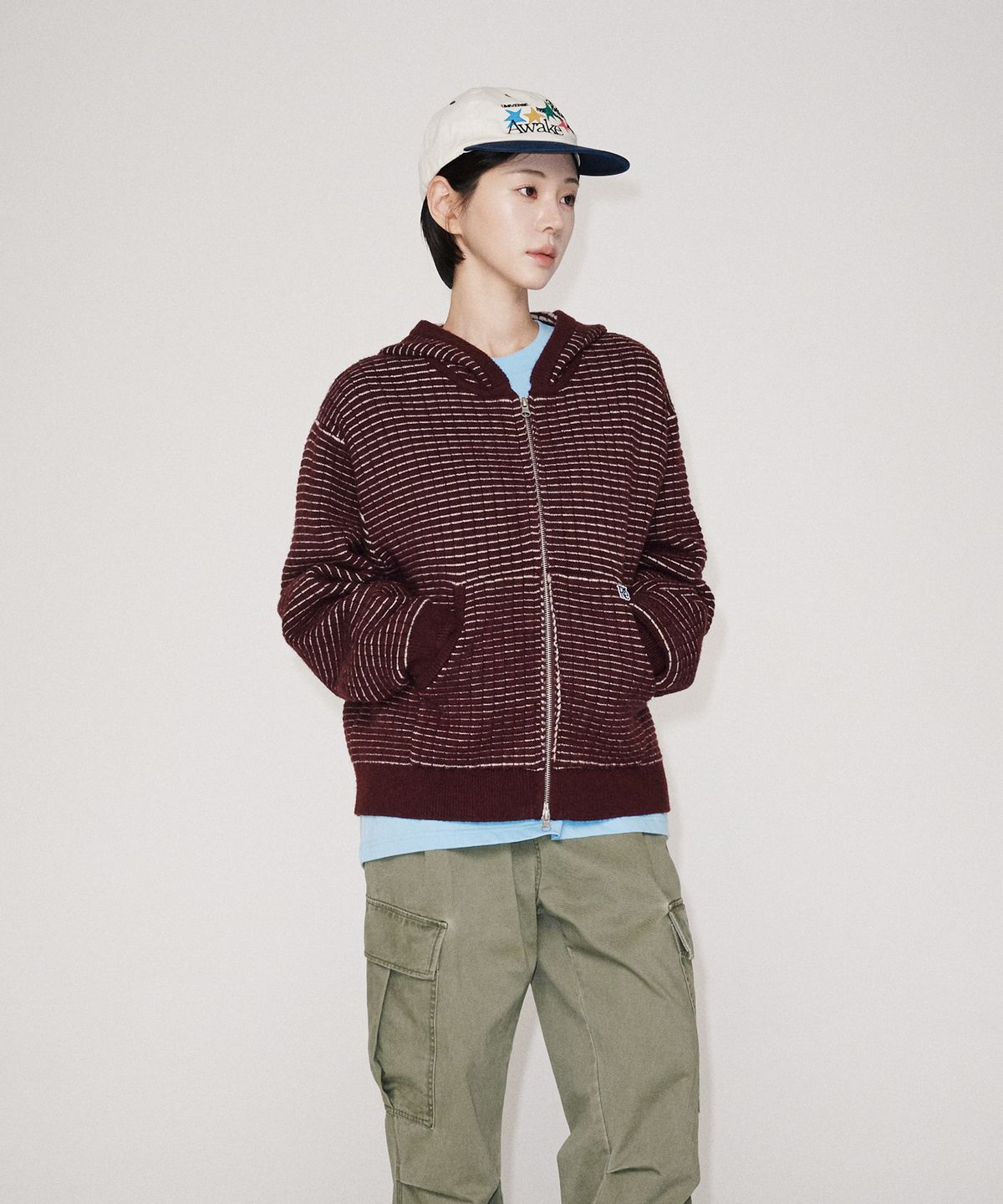 유니버스 가먼트(UNIVERSE GARMENT) 투웨이 후드 니트 집업_BURGUNDY