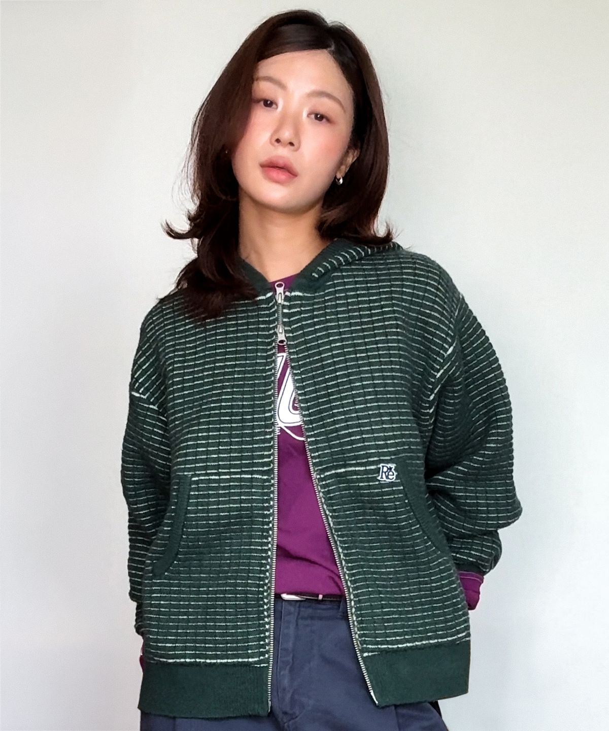 유니버스 가먼트(UNIVERSE GARMENT) 투웨이 후드 니트 집업_GREEN