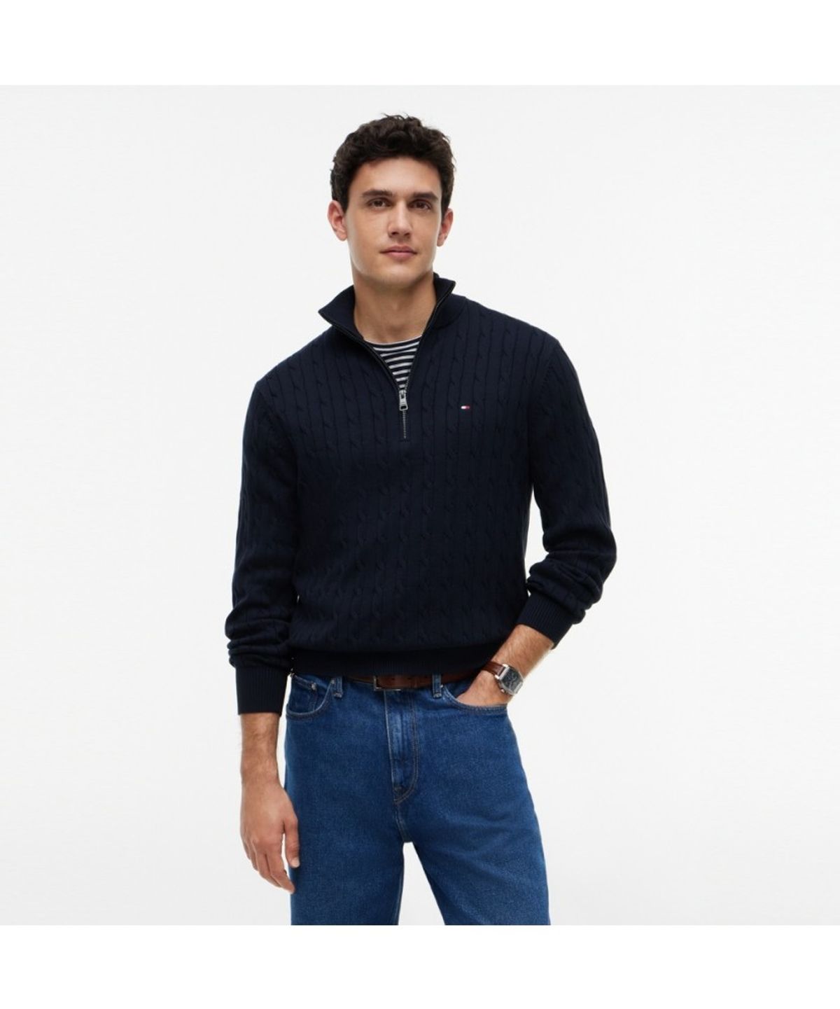 타미힐피거(TOMMY HILFIGER) 클래식 코튼 케이블 모크넥 하프 집업 (T12G7KPO130MT1DW5)