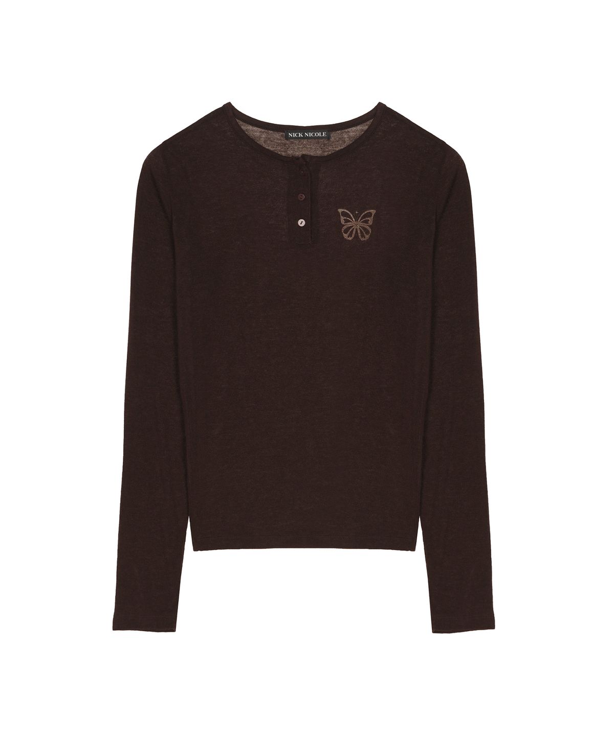 닉앤니콜(NICK&NICOLE) BUTTERFLY HENLEYNECK SLEEVE TOP_BROWN