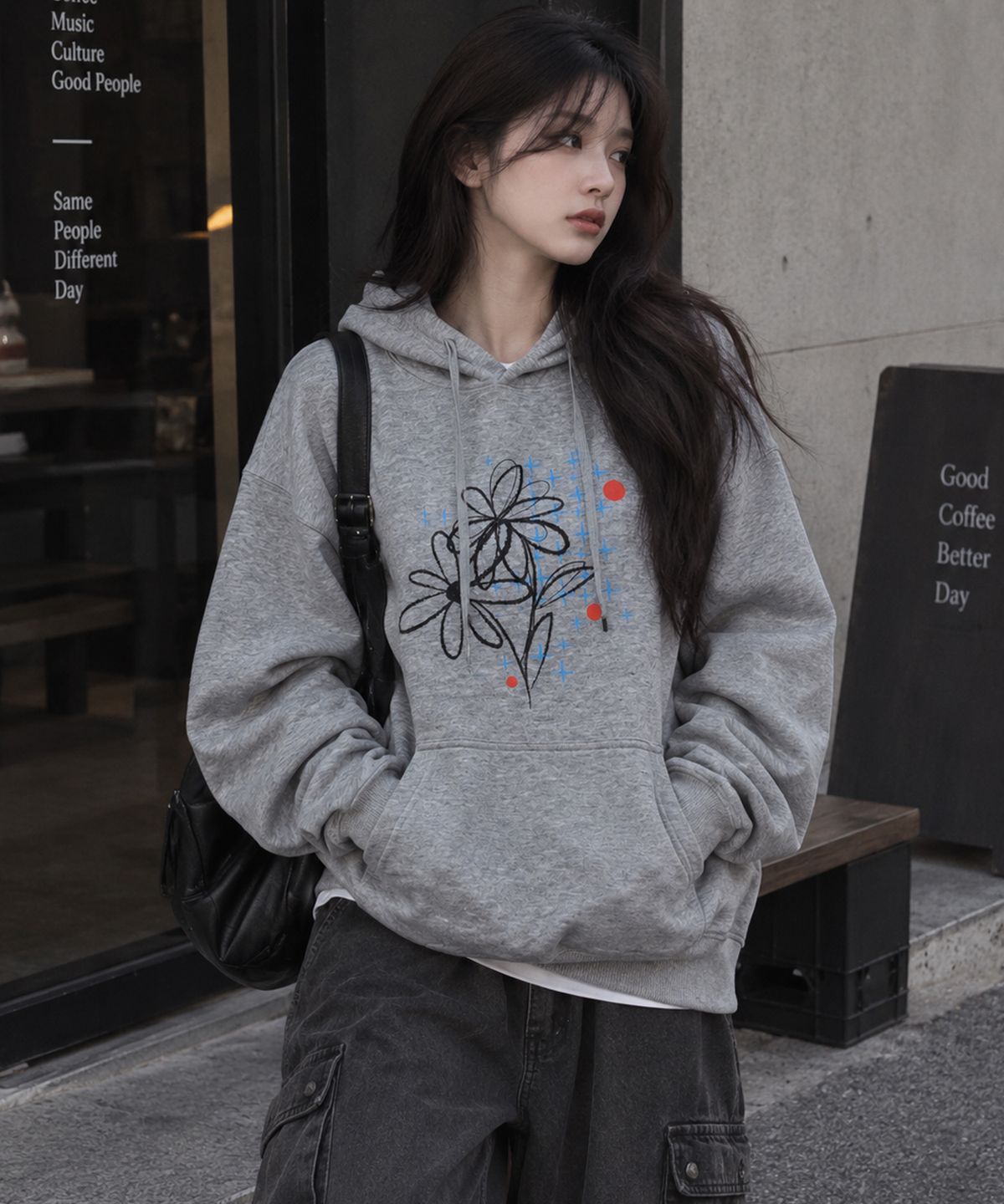 도톤(DOTON) WILD SKETCH FLOWER HOODIE (Charcoal)