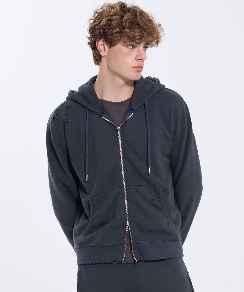 DISTRESSED WASHED HOODIE ZIP-UP 64 (CHARCOAL)