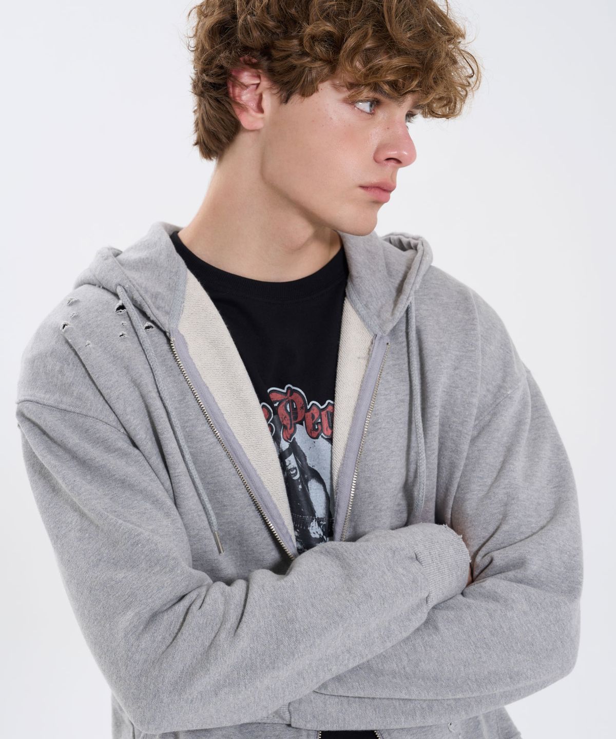 필프(PEALP) DISTRESSED WASHED HOODIE ZIP-UP 64 (MELANGE GRAY)